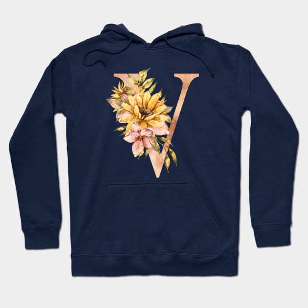 Watercolor sunflower bouquet monogram letter V Hoodie by tiana geo